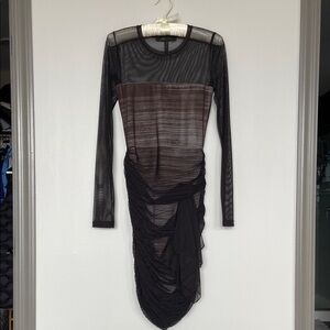 BCBGMaxAzria Black and Brown Ruched Long Sleeve Bodycon Dress